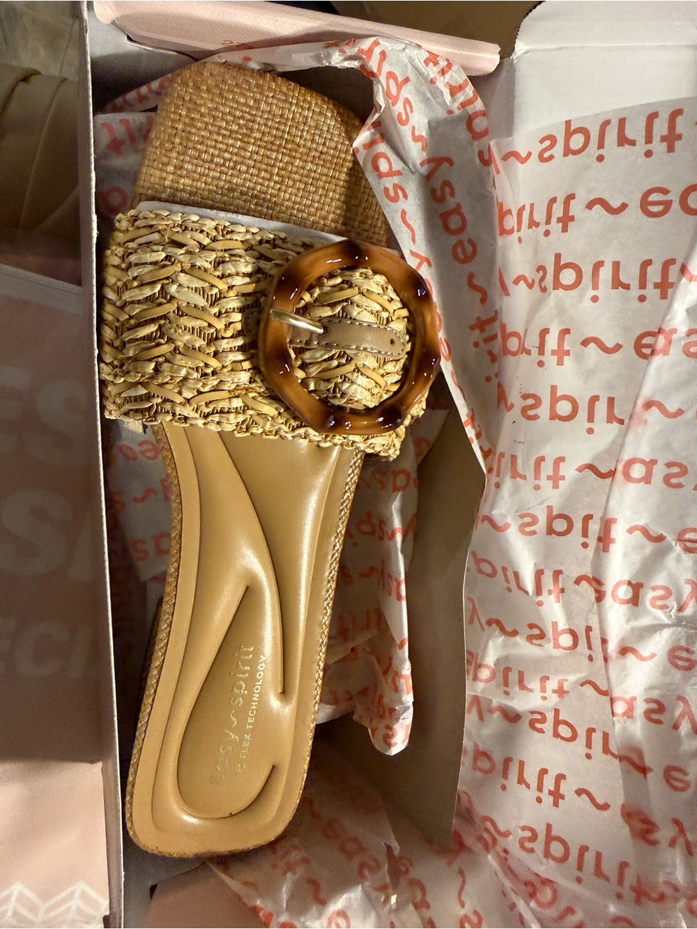 Easy Spirit Woven Tan Slide with Tortoiseshell Ring Accent